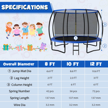 12FT ASTM Approved Recreational Trampoline with Ladder-Blue - Blue