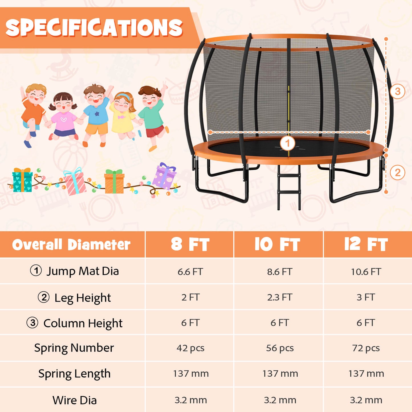 12FT ASTM Approved Recreational Trampoline with Ladder-Blue - Orange