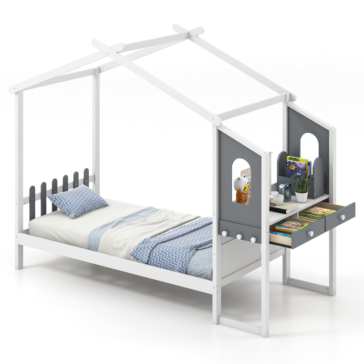 Twin/Full Bed Frame with House Roof Canopy and Fence for Kids-Full Size - Twin Size