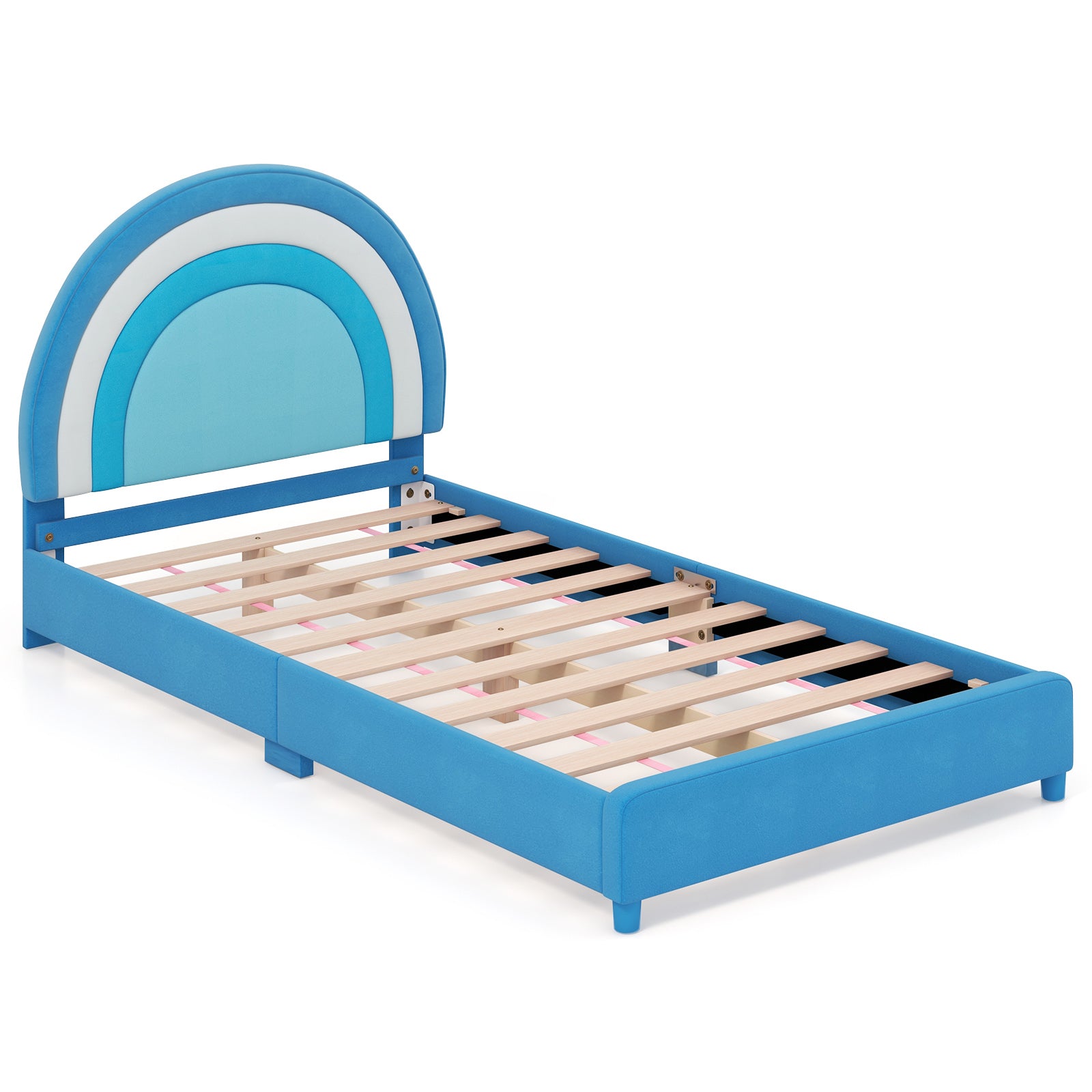 Twin Bed Frame with Height-Adjustable Headboard and Sturdy Wooden Slats-Pink - Blue