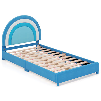 Twin Bed Frame with Height-Adjustable Headboard and Sturdy Wooden Slats-Pink - Blue