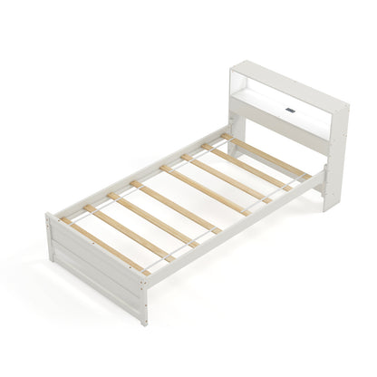 Twin Size Bed Frame with Storage Headboard and Charging Station-Gray - White