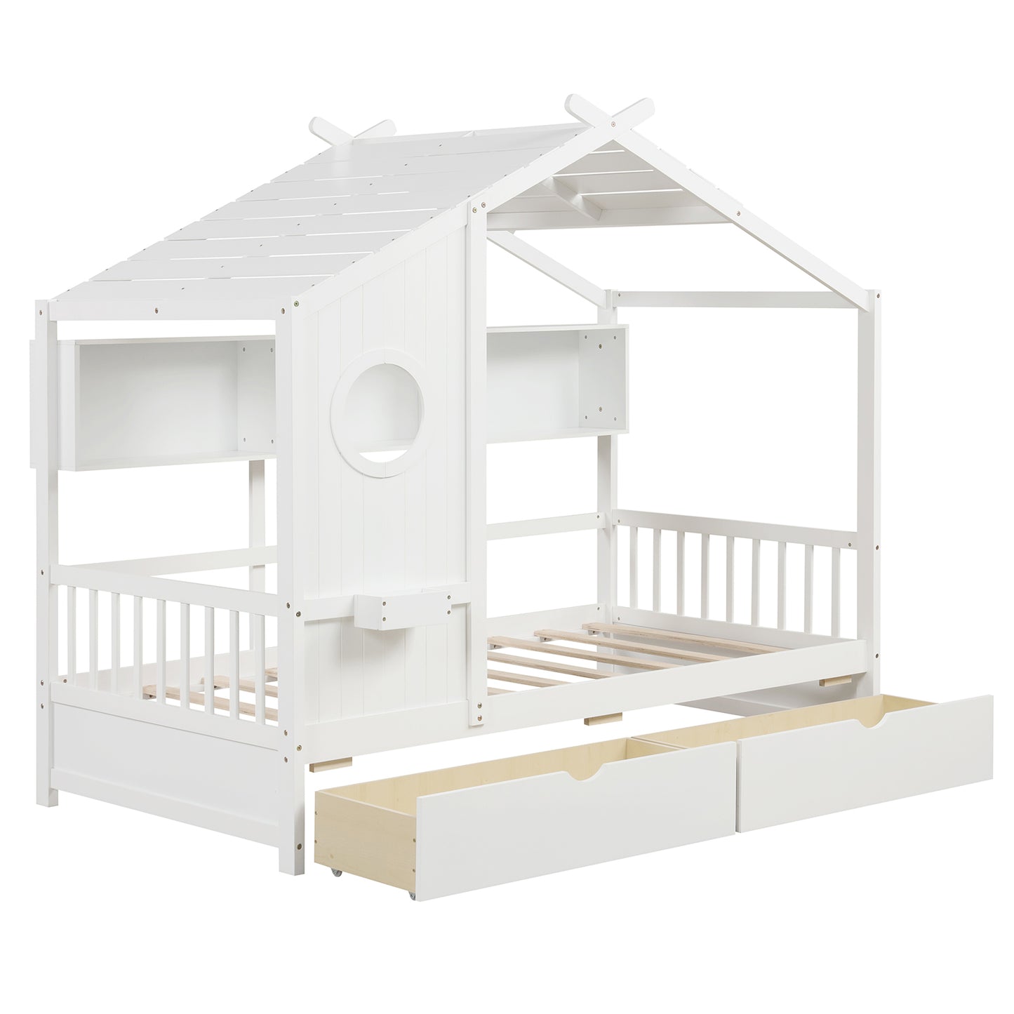Twin Size House Bed with 2 Storage Drawers and Fence Guardrails-White - White