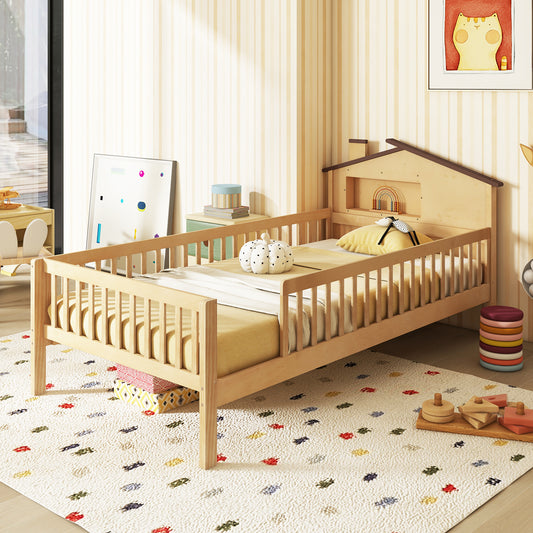 Twin Size Kids Montessori Bed with House-Shaped Headboard and Built-in Storage Shelf