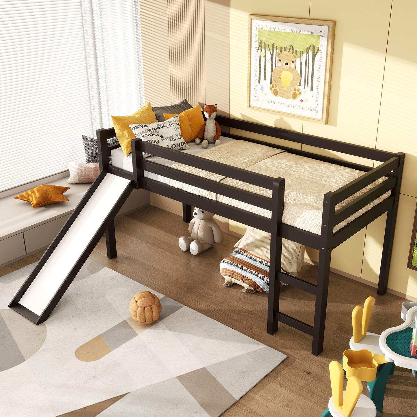 Twin Size Low Sturdy Loft Bed with Slide Wood
