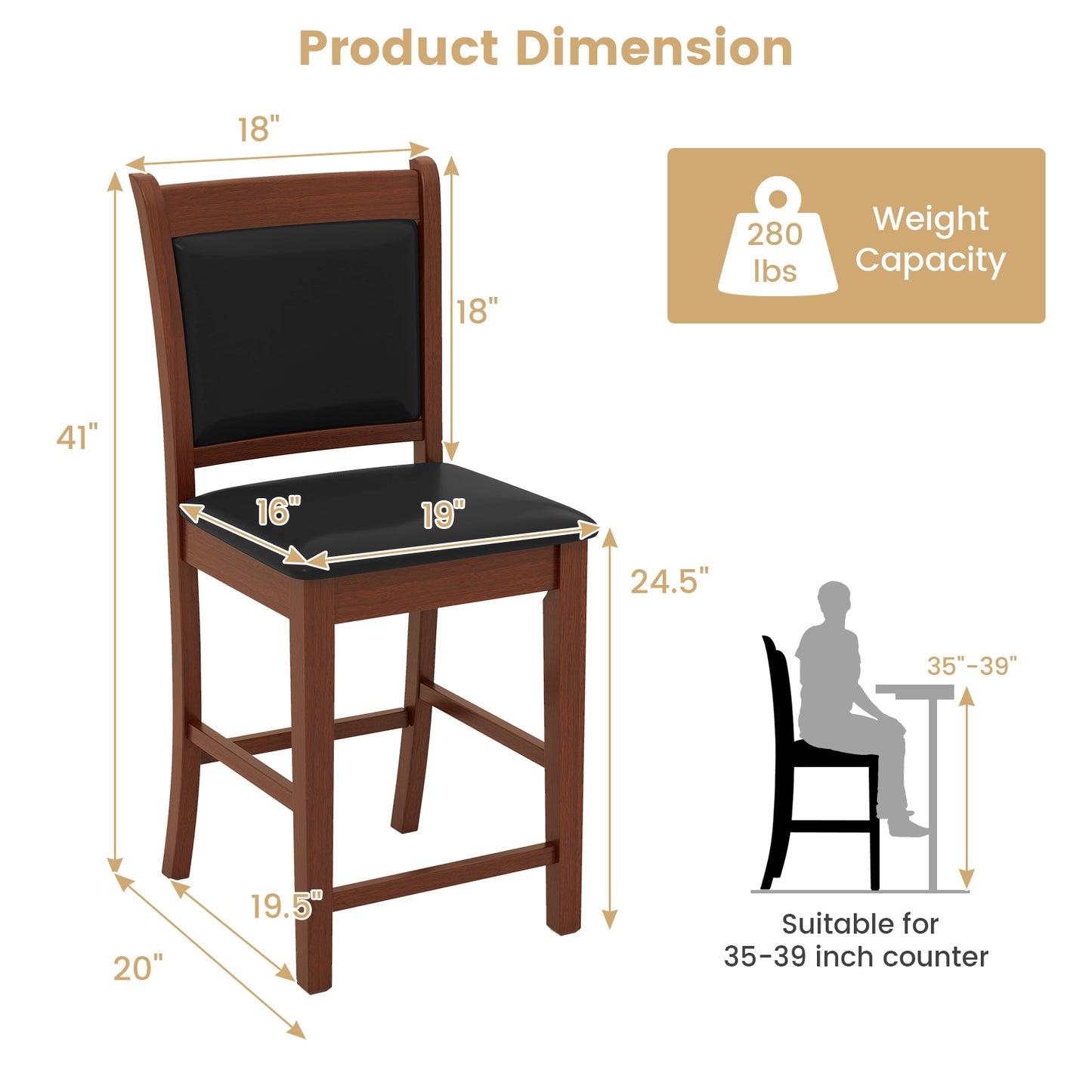 Upholstered Counter Stool Set of 2 with Solid Rubber Wood Frame-Brown