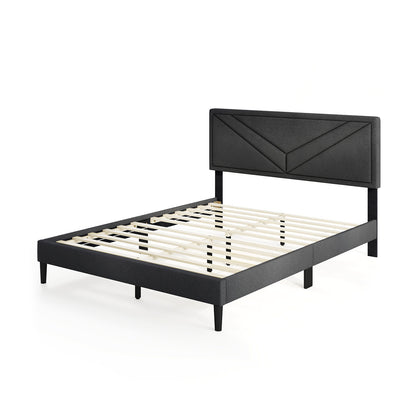 Upholstered Platform Bed with Tufted Headboard and Wooden Slats-Full Size - Queen Size