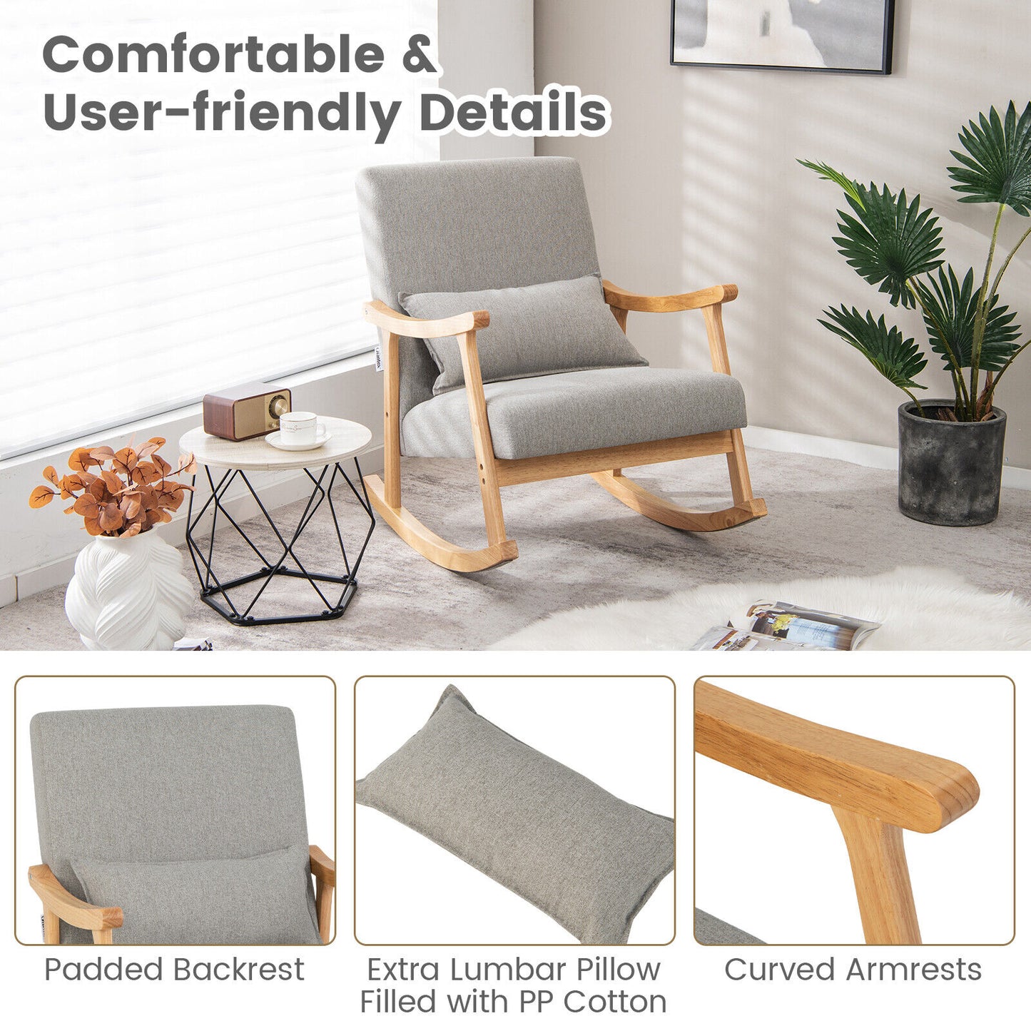 Upholstered Rocking Chair with Pillow and Rubber Wood Frame-Gray