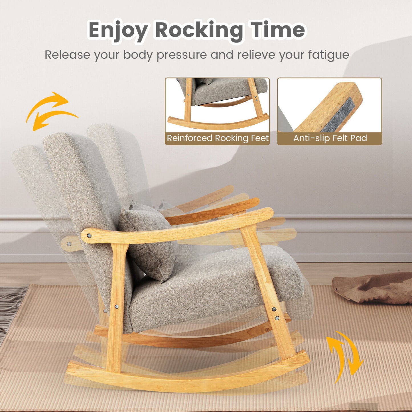 Upholstered Rocking Chair with Pillow and Rubber Wood Frame-Gray