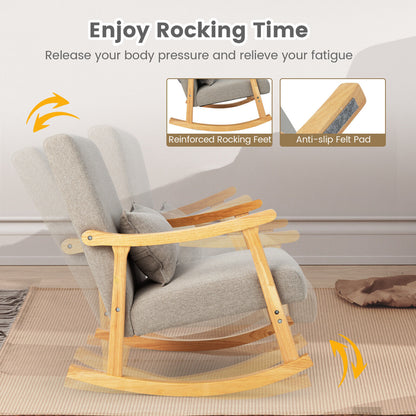 Upholstered Rocking Chair with Pillow and Rubber Wood Frame-Gray