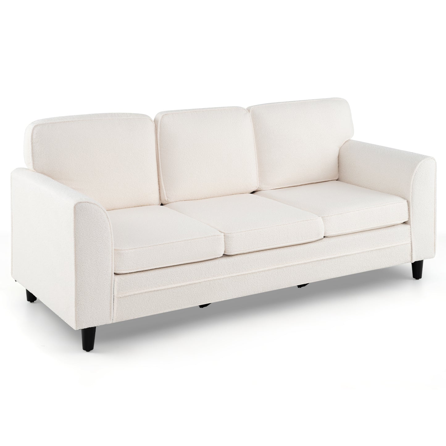 Upholstered Teddy Velvet 3-Seat Sofa with Comfy Back Pillows-White - White
