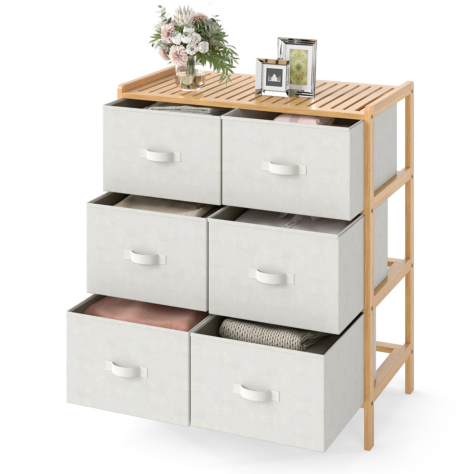 Fabric Dresser with 6 Drawers with 6 Folding Fabric Bins for Bedroom Living Room-Natural