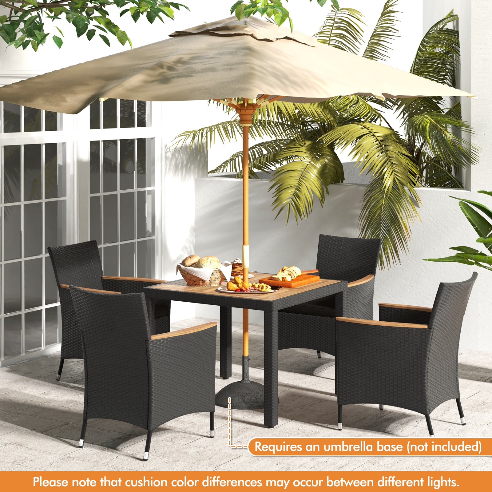 5 Pieces Patio Dining Table Set for 4 with Umbrella Hole-Black