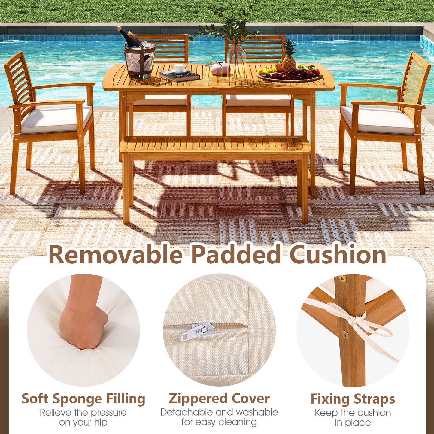 6 Pieces Outdoor Acacia Wood Dining Set with Umbrella Hole
