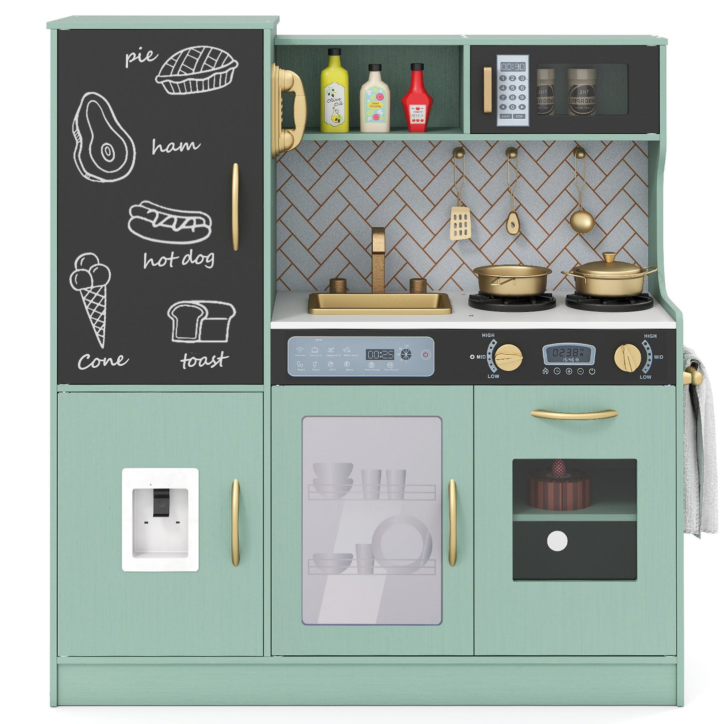 Pretend Play Kitchen with Utensils for Kids Aged 3+-Pink - Green