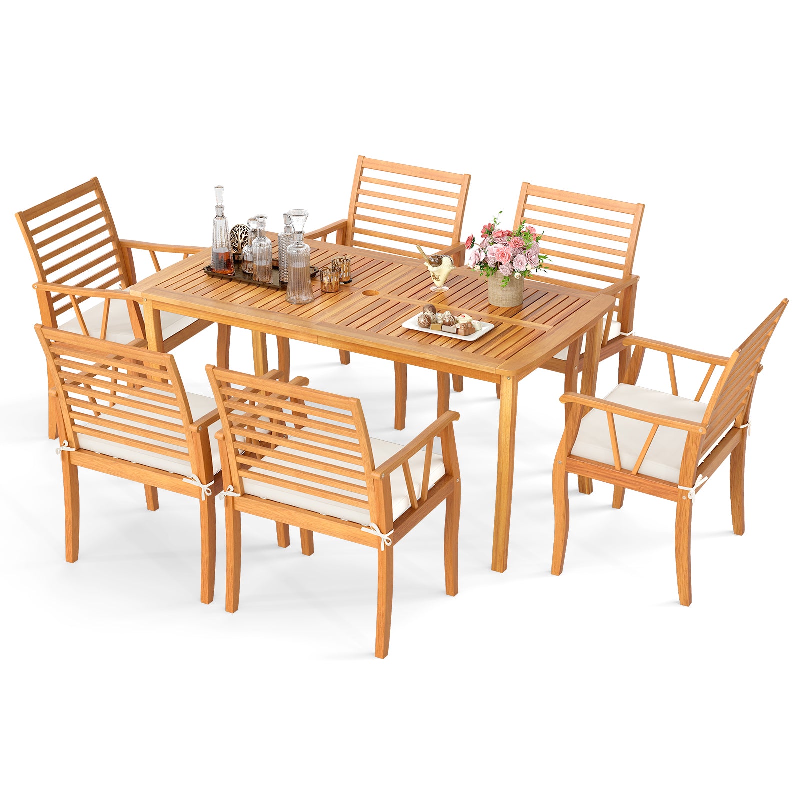 7¬†Pieces Acacia¬†Wood¬†Patio¬†Dining¬†Set with¬†1.97 Inch Umbrella Hole and Padded Cushions