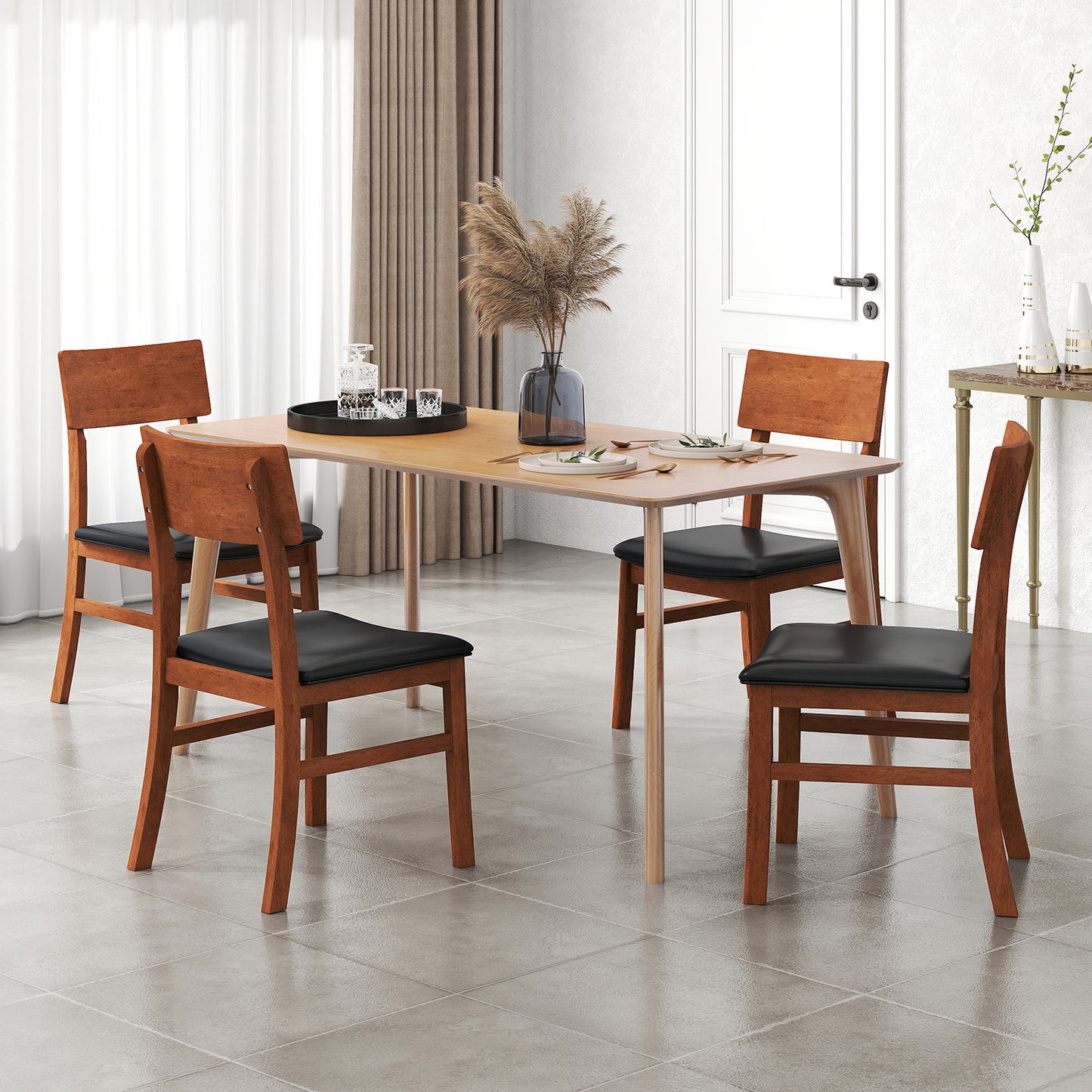 Dining Chairs Set of 2 with Rubber Wood Legs and Faux Leather Upholstered Seat-Black