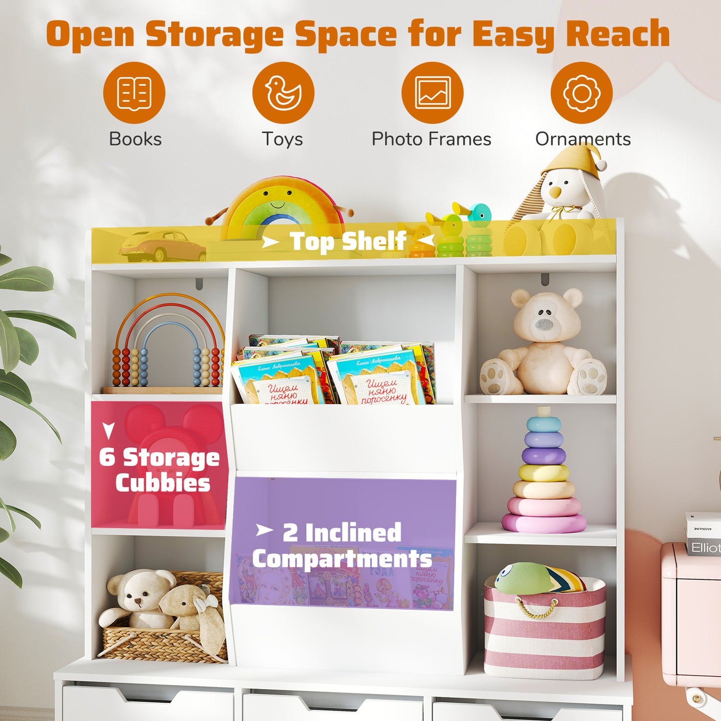 47" Children Bookcase Toy Storage Organizer Versatile Storage Cabinet-White