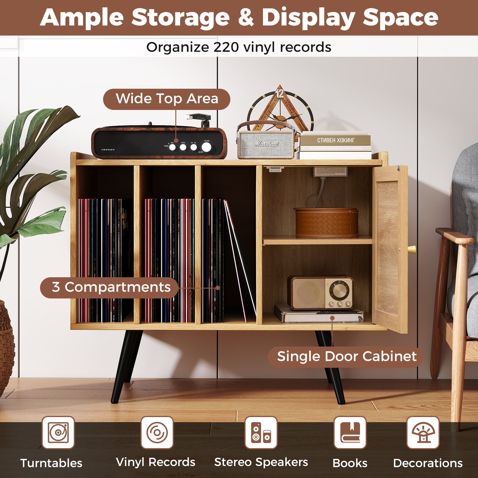 Record Player Stand with Charging Station and Rattan Cabinet for Living Room-Natural