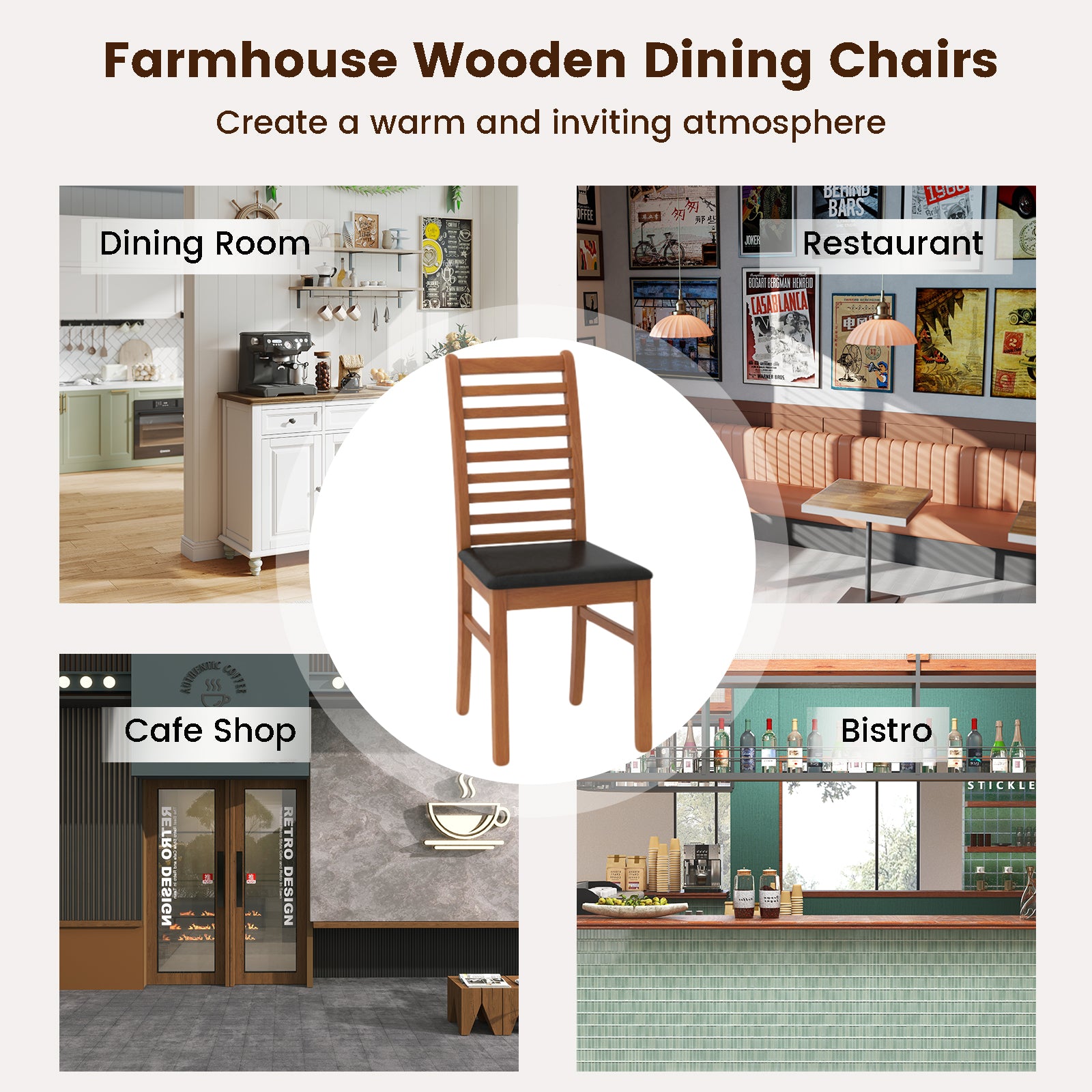 Set of 2 Wooden Dining Chair with Rubber Wood Legs for Living Room-Brown