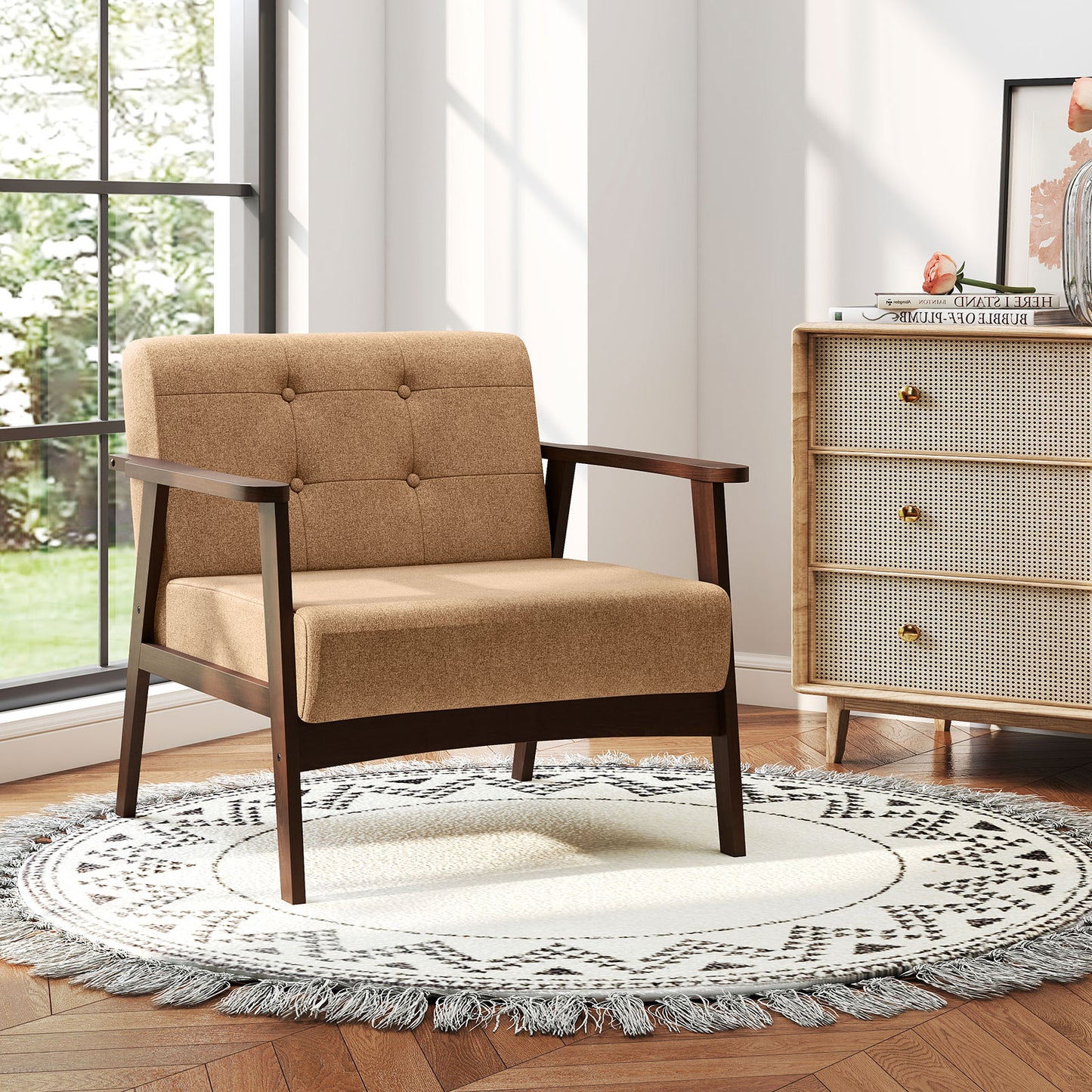 Rubber Wood Frame Accent Chair with Armrest for Living Room-Beige