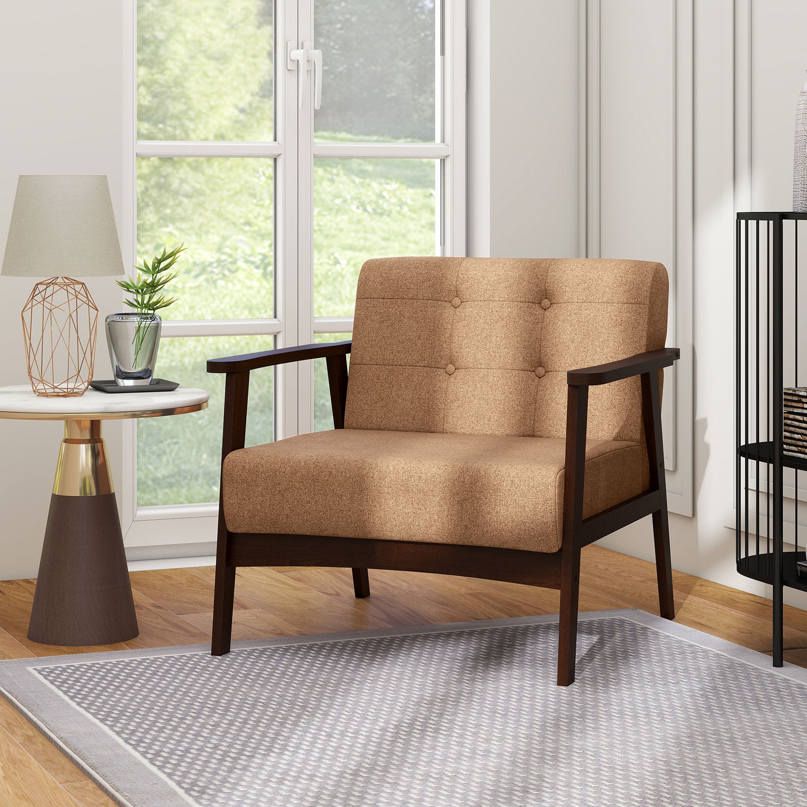 Rubber Wood Frame Accent Chair with Armrest for Living Room-Beige