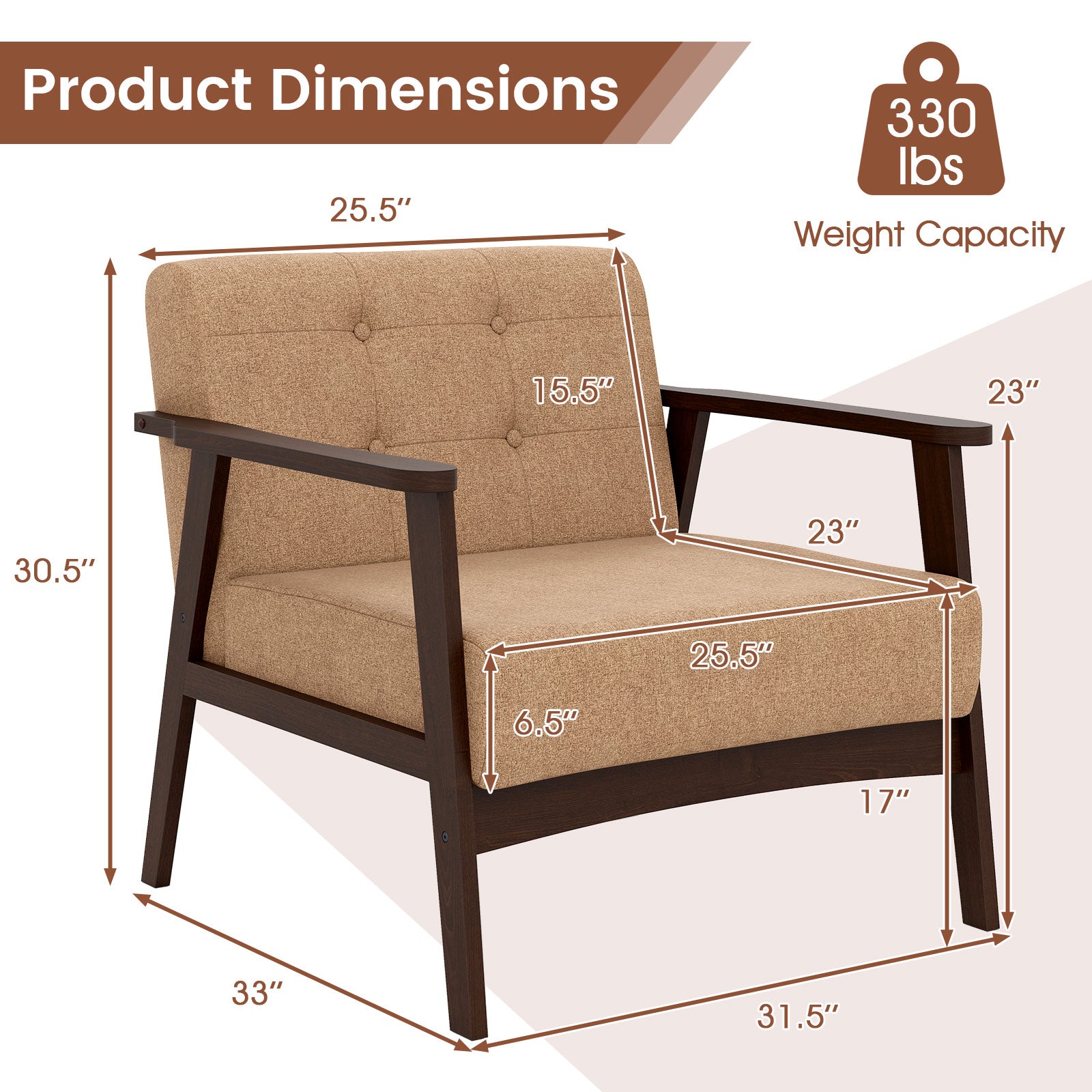 Rubber Wood Frame Accent Chair with Armrest for Living Room-Beige