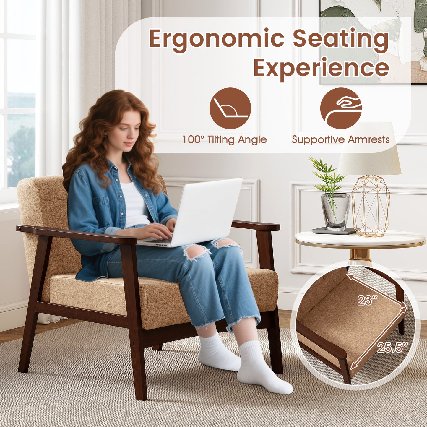 Rubber Wood Frame Accent Chair with Armrest for Living Room-Beige