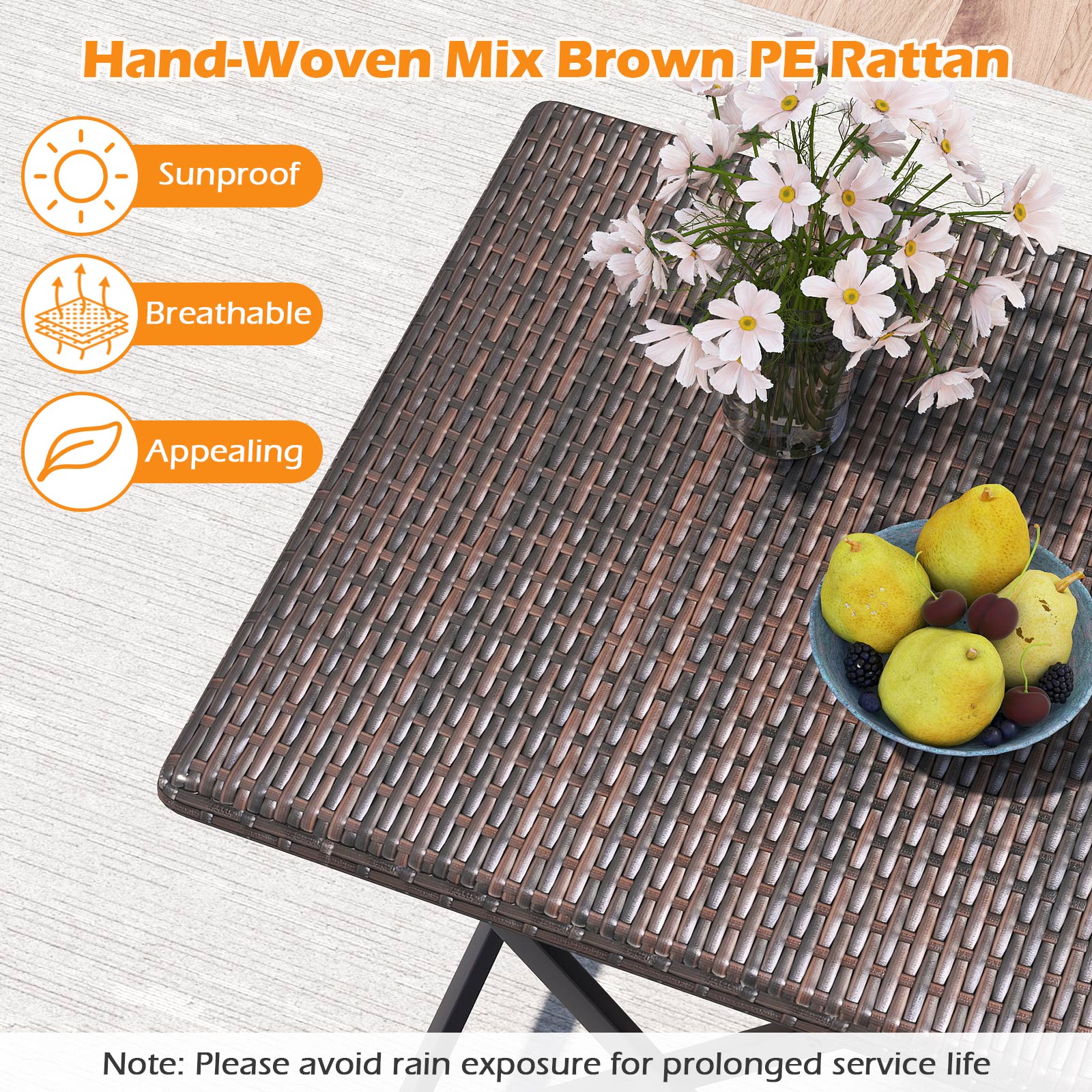 3 Piece Rattan Bistro Set Outdoor Folding Dining Table and Chairs with Wicker Seat