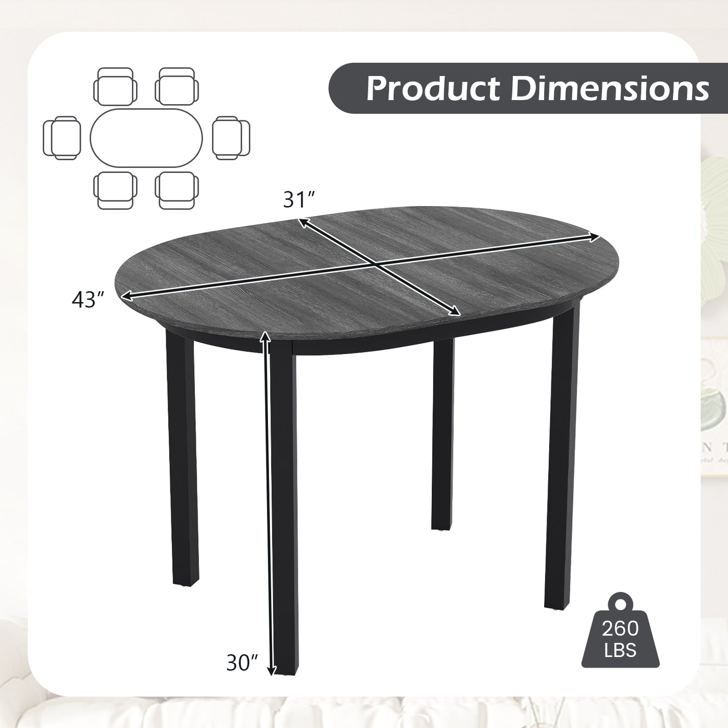43 Inch Wooden Dining Table with Rubber Wood Legs for 2-4 People-Black