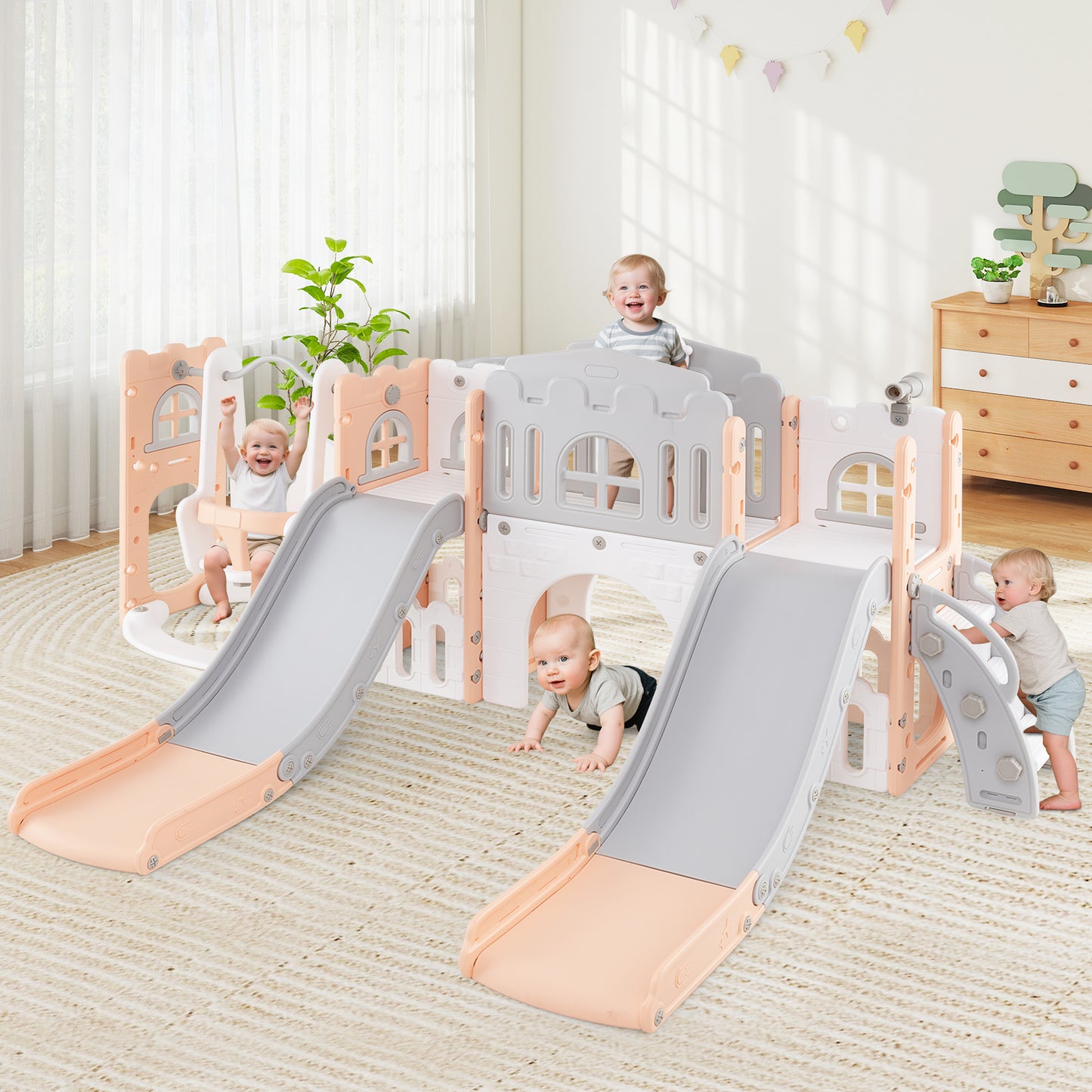 10-in-1 Toddler Slide and Swing Set with Double Slides and Tunnel-Pink
