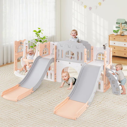 10-in-1 Toddler Slide and Swing Set with Double Slides and Tunnel-Pink