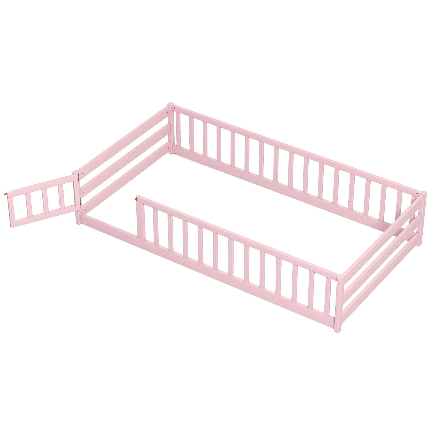 Twin Size Kids Wood Montessori Floor Bed with Door and Fence-Natural - Pink