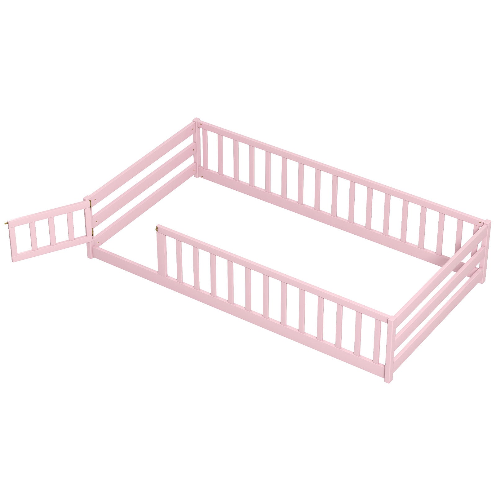 Twin Size Kids Wood Montessori Floor Bed with Door and Fence-Natural - Pink
