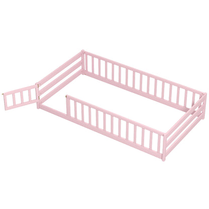 Twin Size Kids Wood Montessori Floor Bed with Door and Fence-Natural - Pink