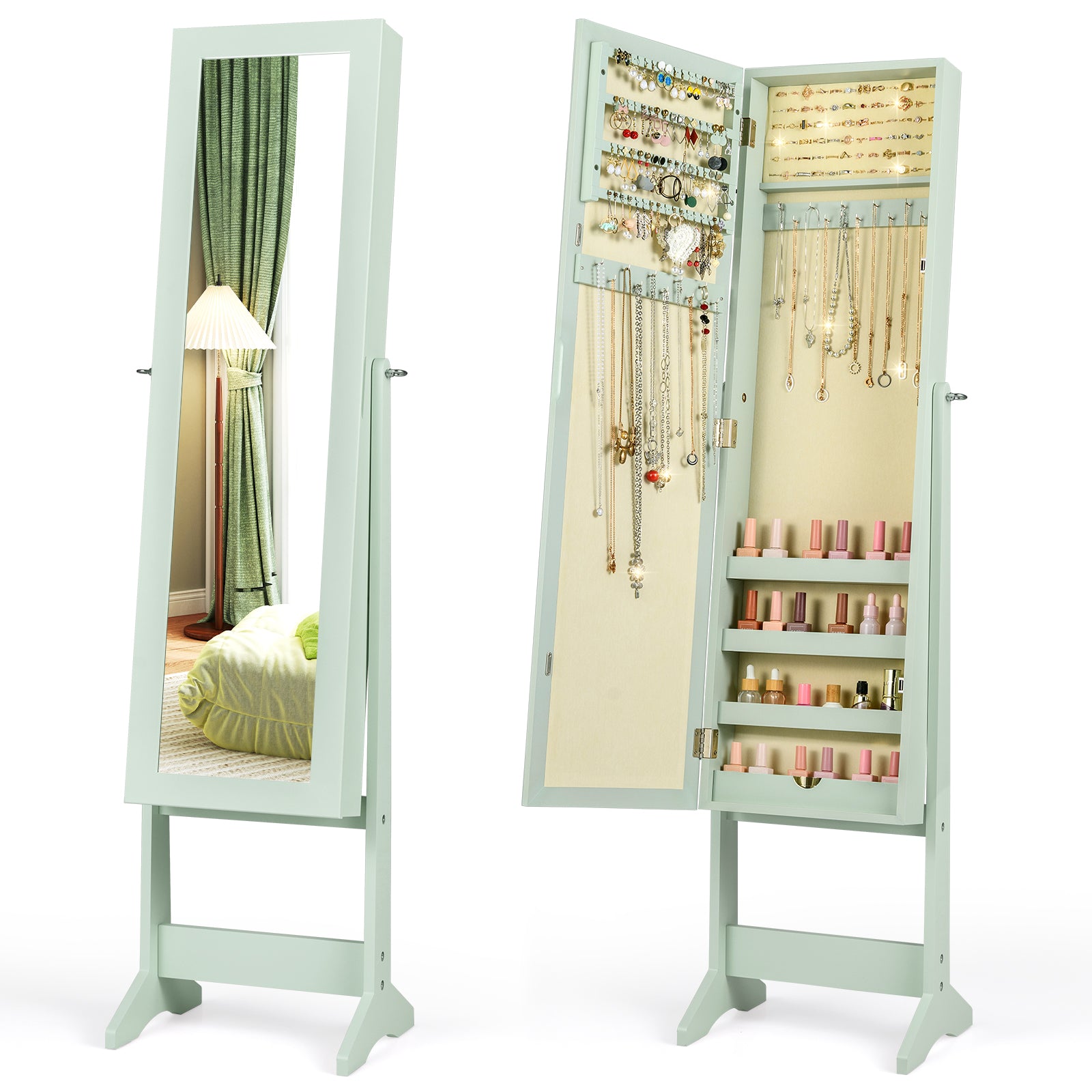 Mirrored Standing Jewelry Cabinet Storage Box-Pink - Green