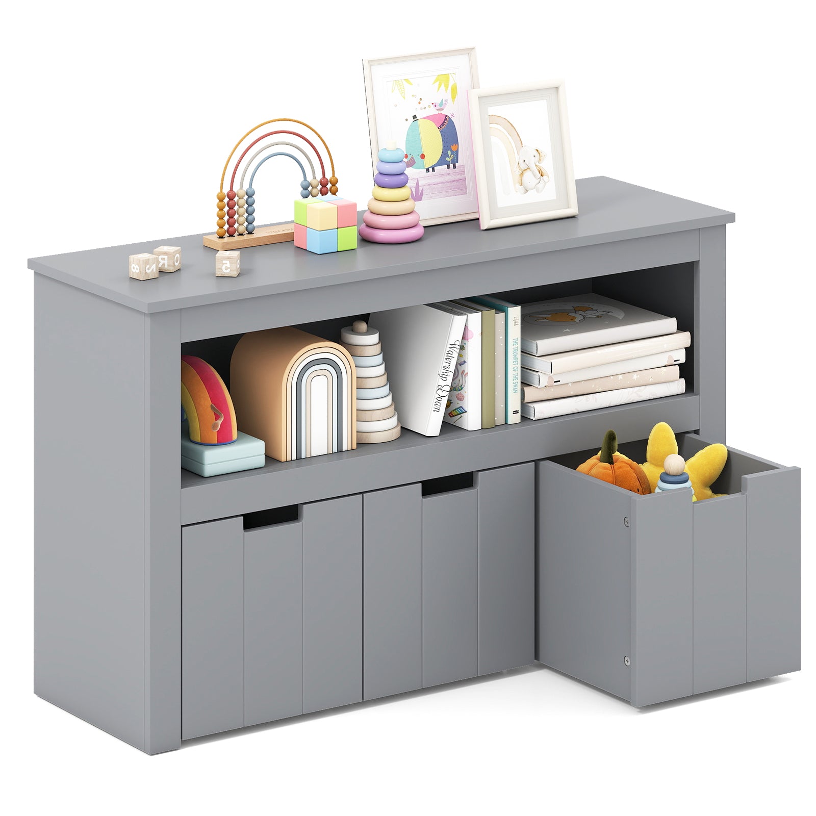 Kid Toy Storage Cabinet Drawer Chest with Wheels and Large Storage Cube Shelf-Black - Gray