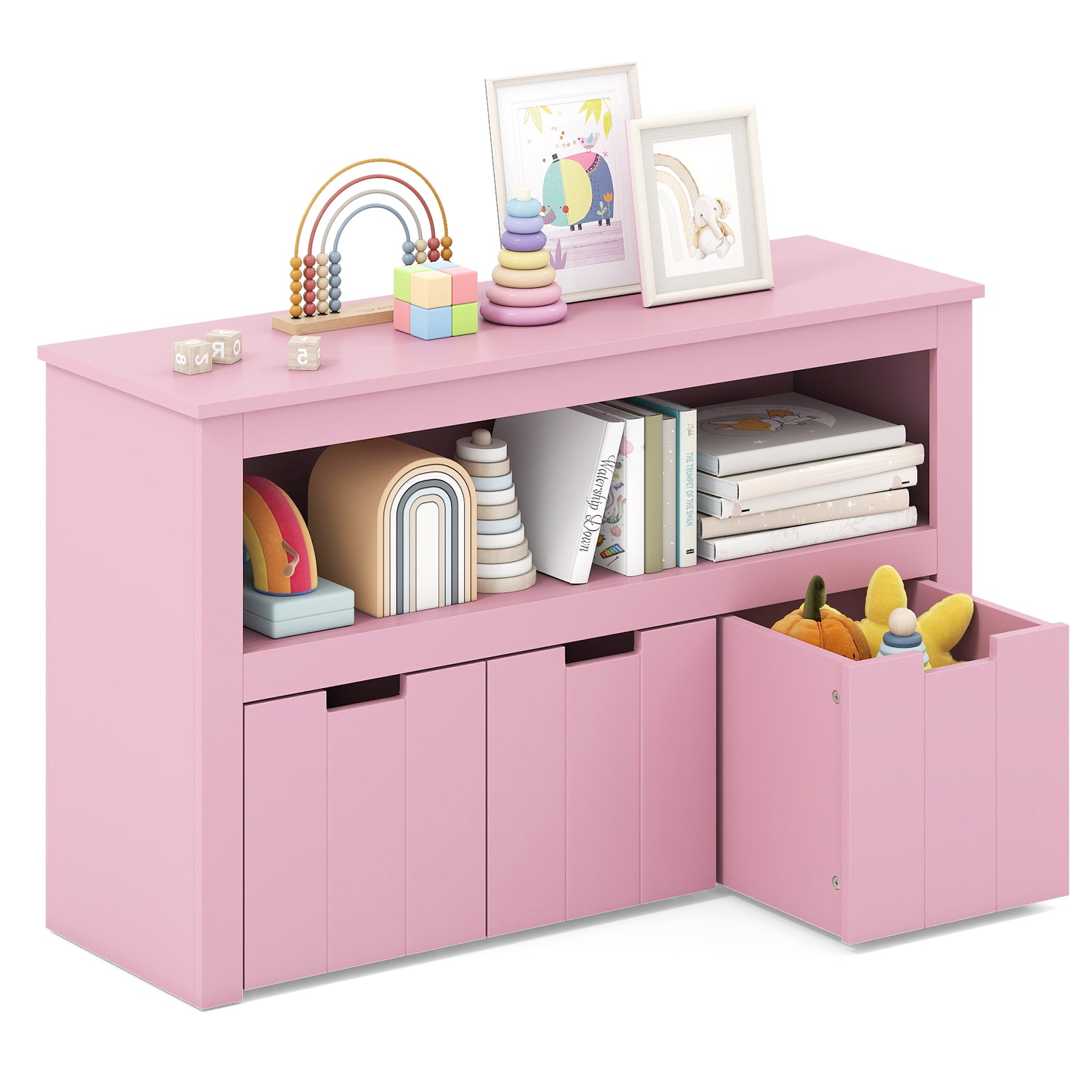 Kid Toy Storage Cabinet Drawer Chest with Wheels and Large Storage Cube Shelf-Black - Pink