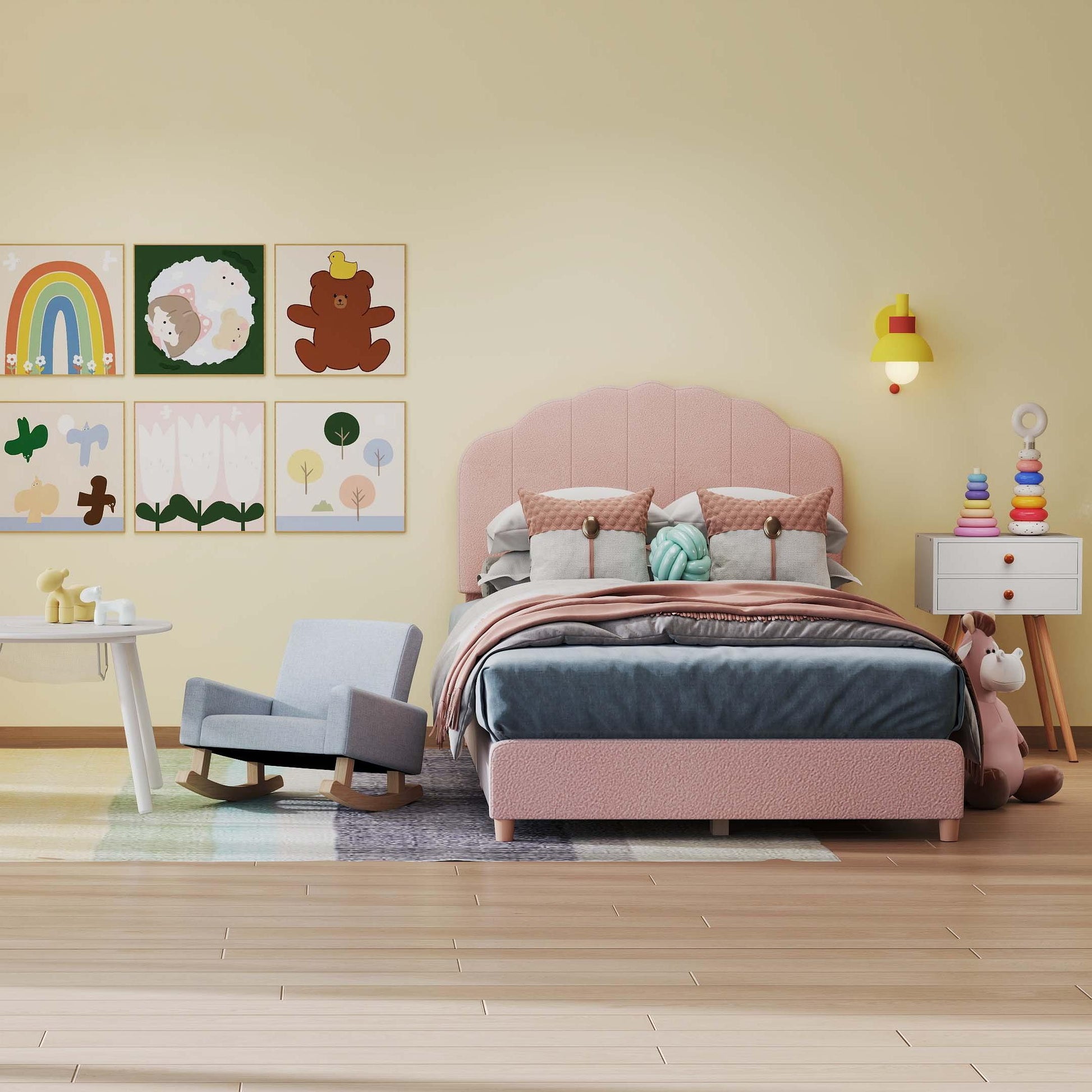 Children‚Äôs Room Furniture Bundle: Twin Pink Bed Blue & Pink Rocking Chairs Storage End Table