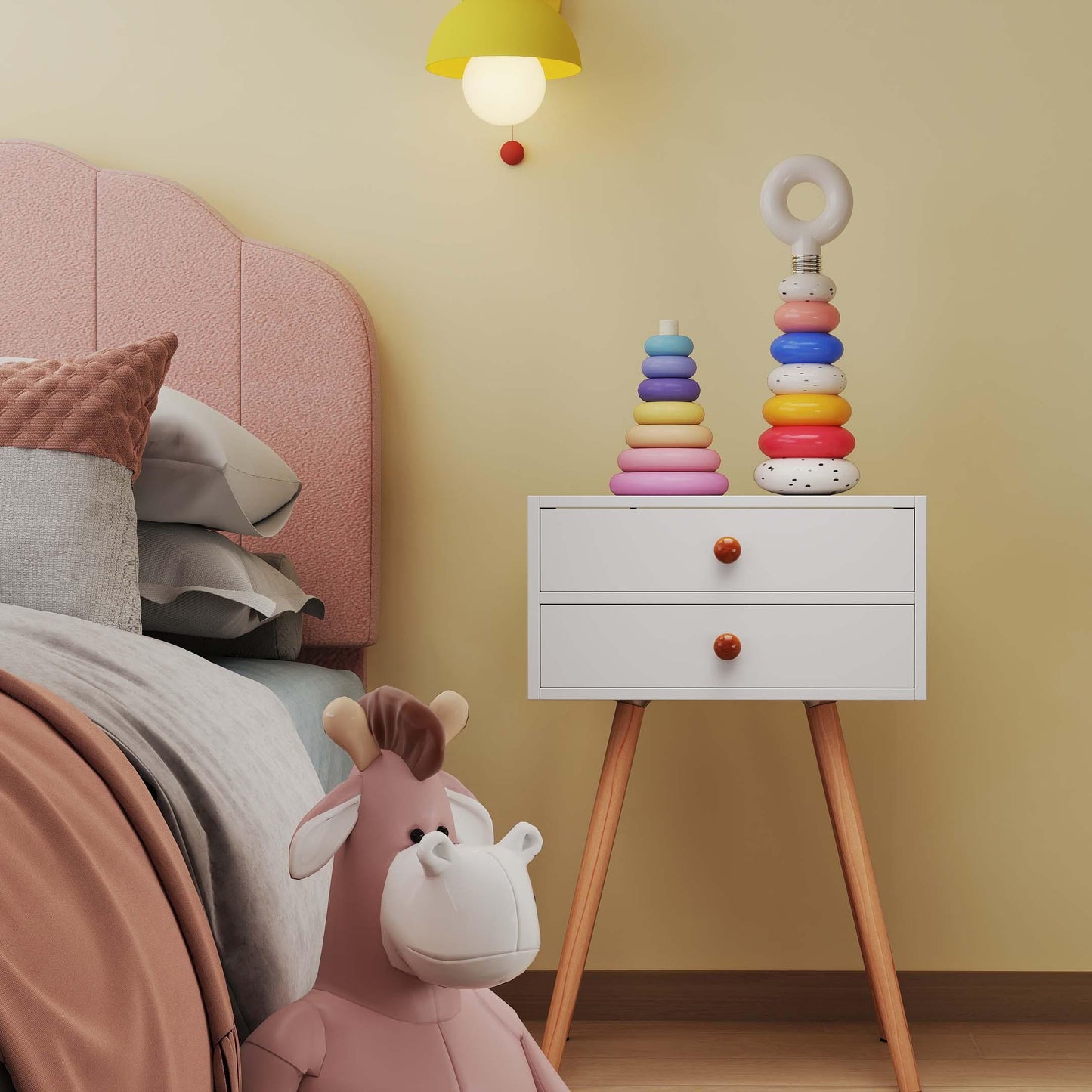 Children‚Äôs Room Furniture Bundle: Twin Pink Bed Blue & Pink Rocking Chairs Storage End Table