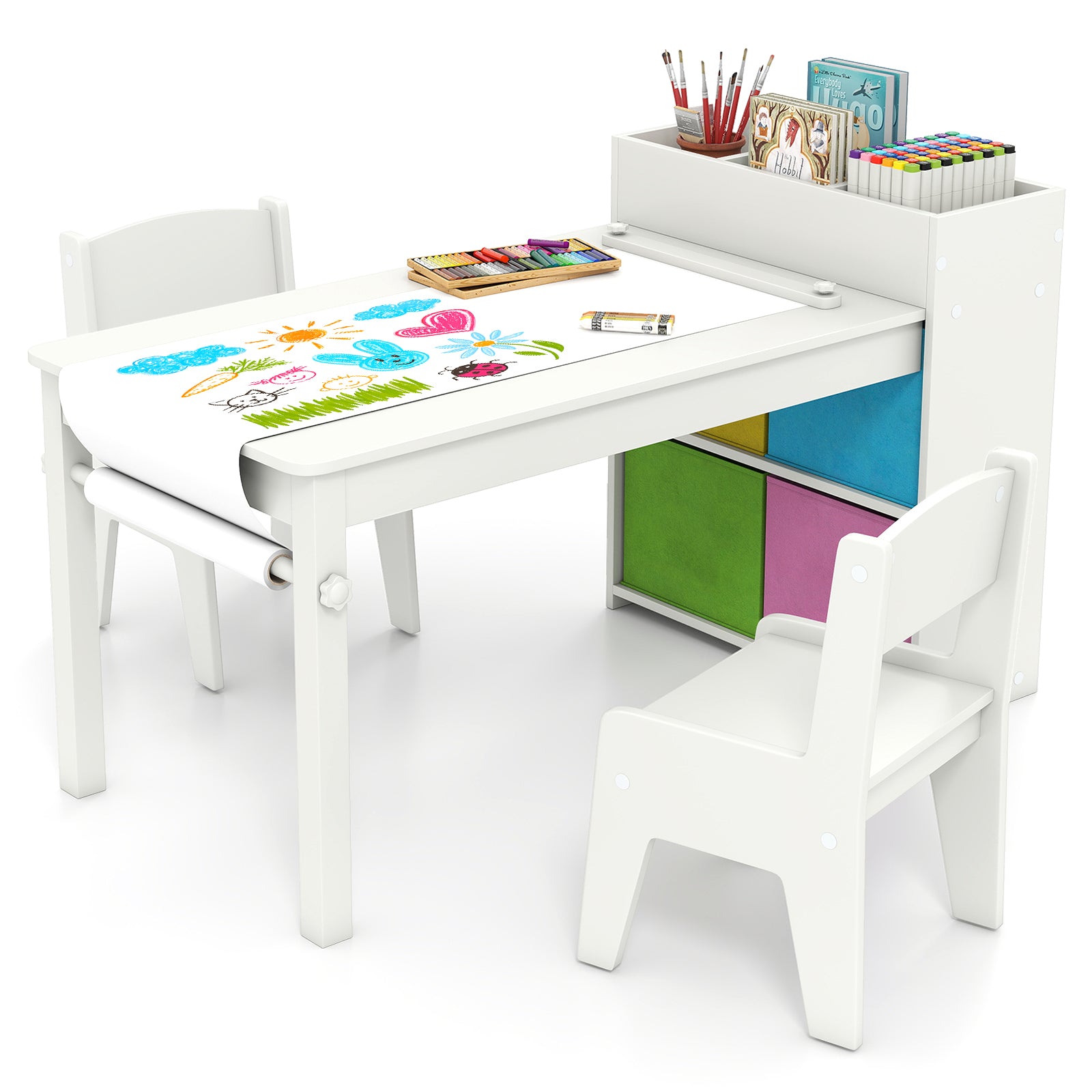 Kids Art Table and Chairs Set with 2 Chairs and Paper Roll-Gray - White