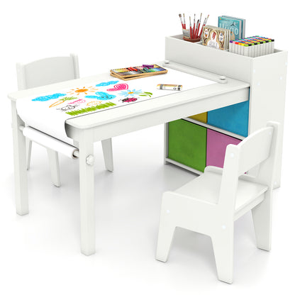 Kids Art Table and Chairs Set with 2 Chairs and Paper Roll-Gray - White
