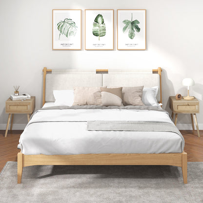Set of 2 Modern Rattan Nightstand with Drawer and Solid Wood Legs for Bedroom and Living Room-Oak