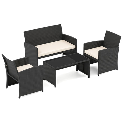 4 Pieces Patio Furniture Set with Tempered Glass Tabletop and Removable Cushion-White