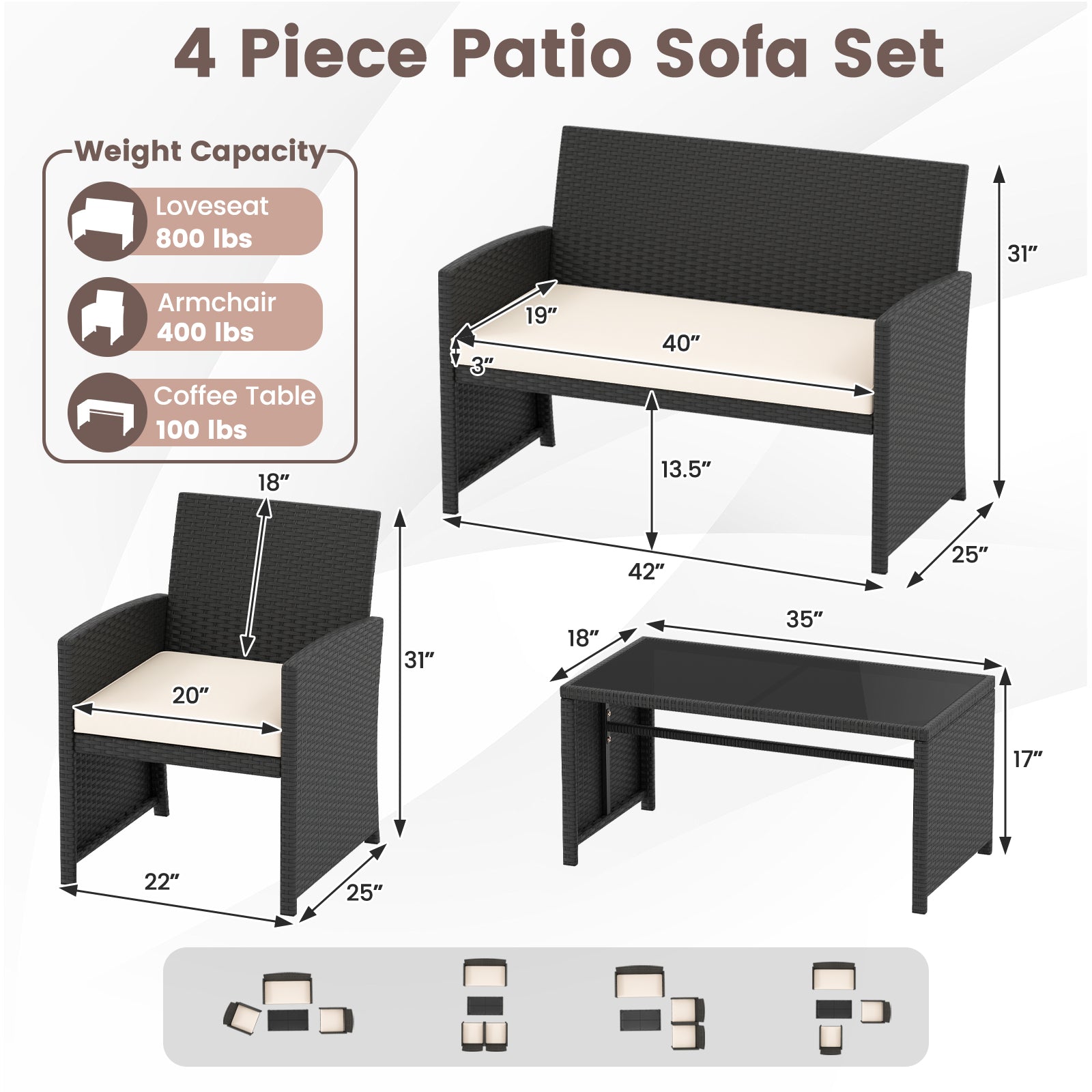 4 Pieces Patio Furniture Set with Tempered Glass Tabletop and Removable Cushion-White