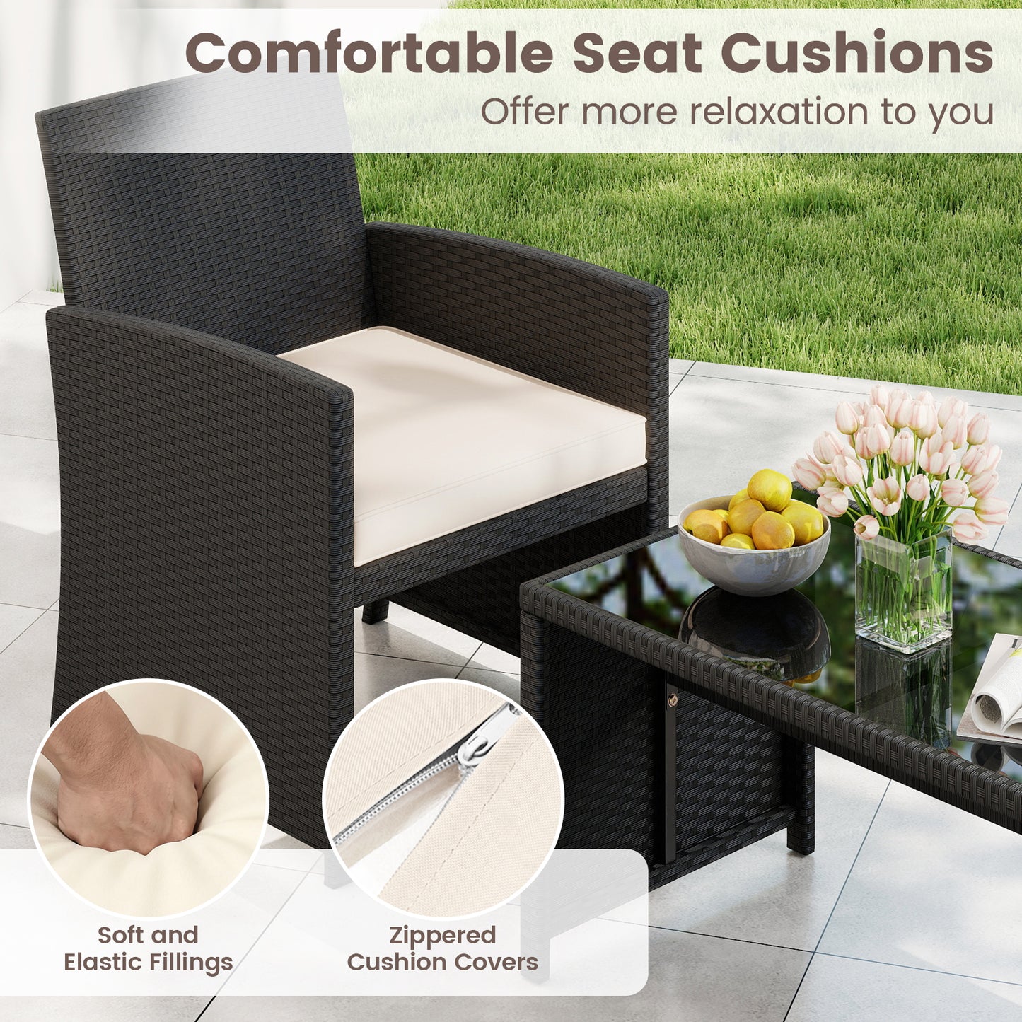 4 Pieces Patio Furniture Set with Tempered Glass Tabletop and Removable Cushion-White