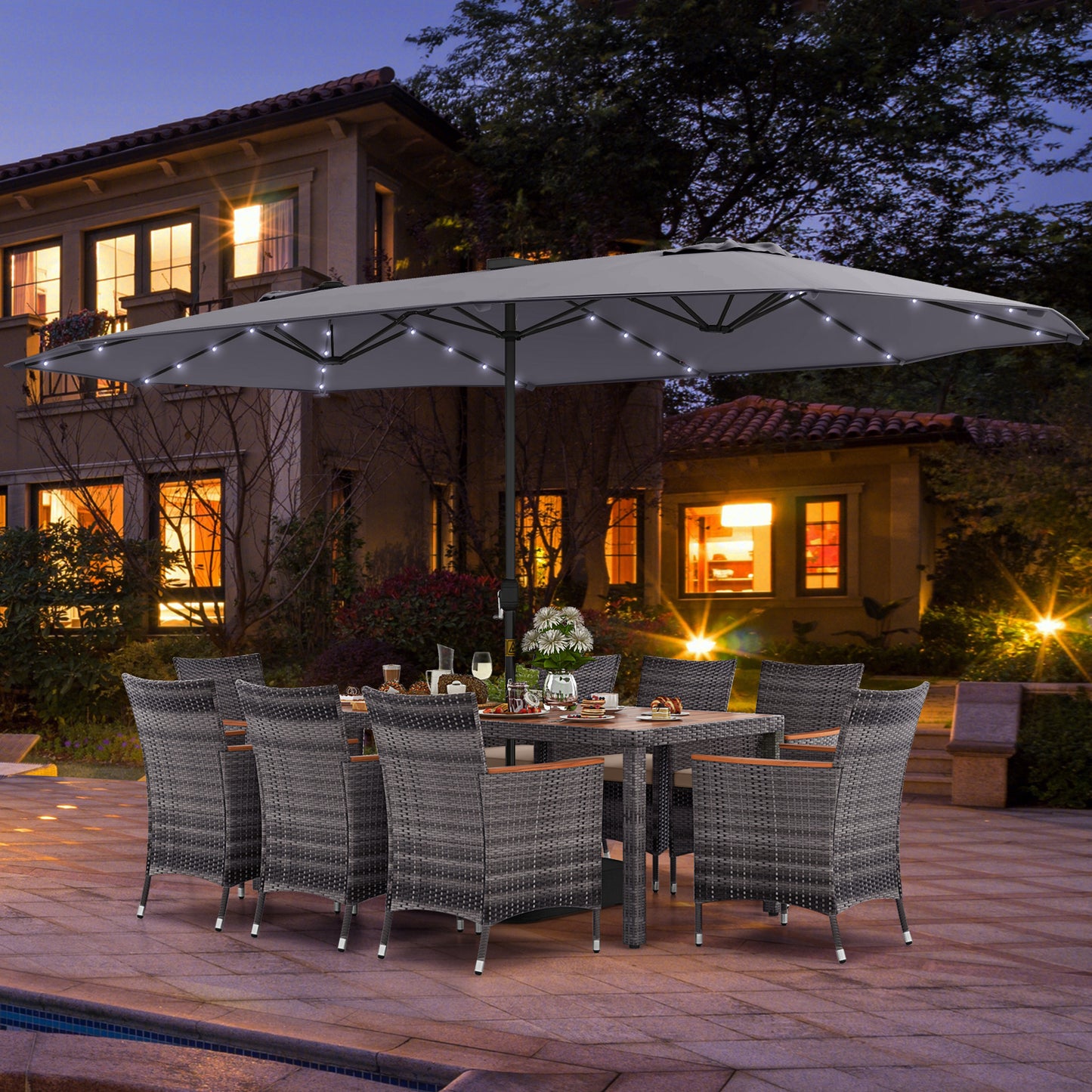 11 Pieces Patio Dining Set with 15 Feet Double-Sided Patio Umbrella Base Included