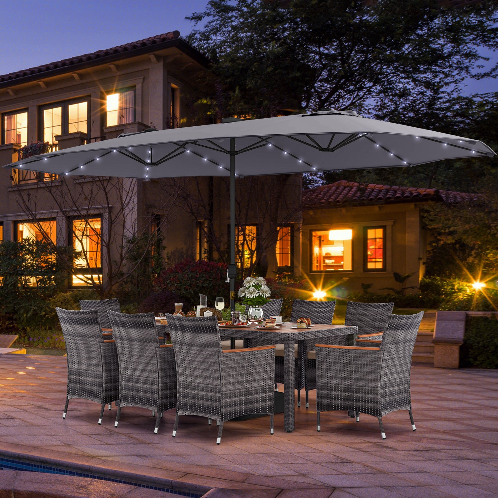 11 Pieces Patio Dining Set with 15 Feet Double-Sided Patio Umbrella Base Included