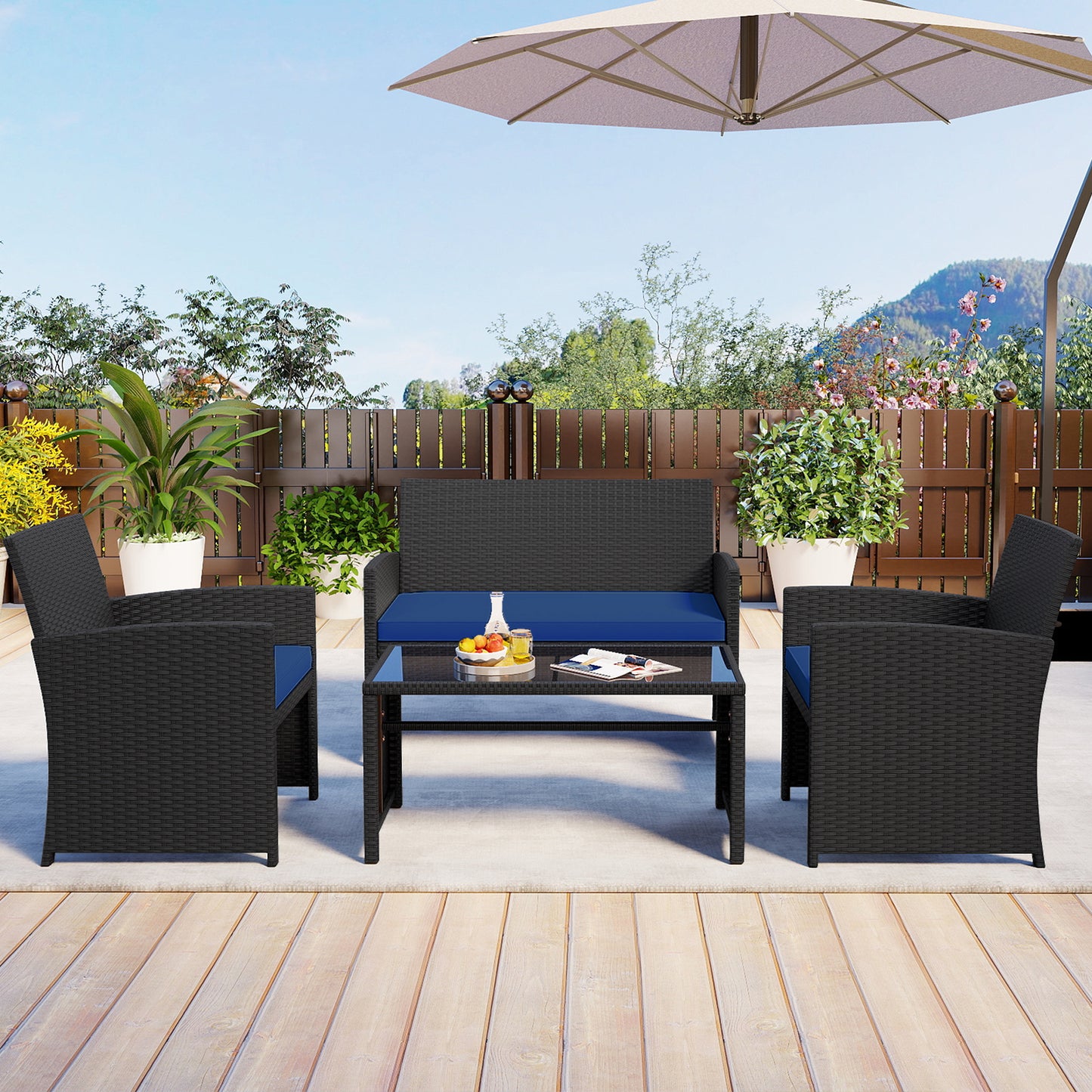 4 Pieces Patio Furniture Set with Tempered Glass Tabletop and Removable Cushion-Navy