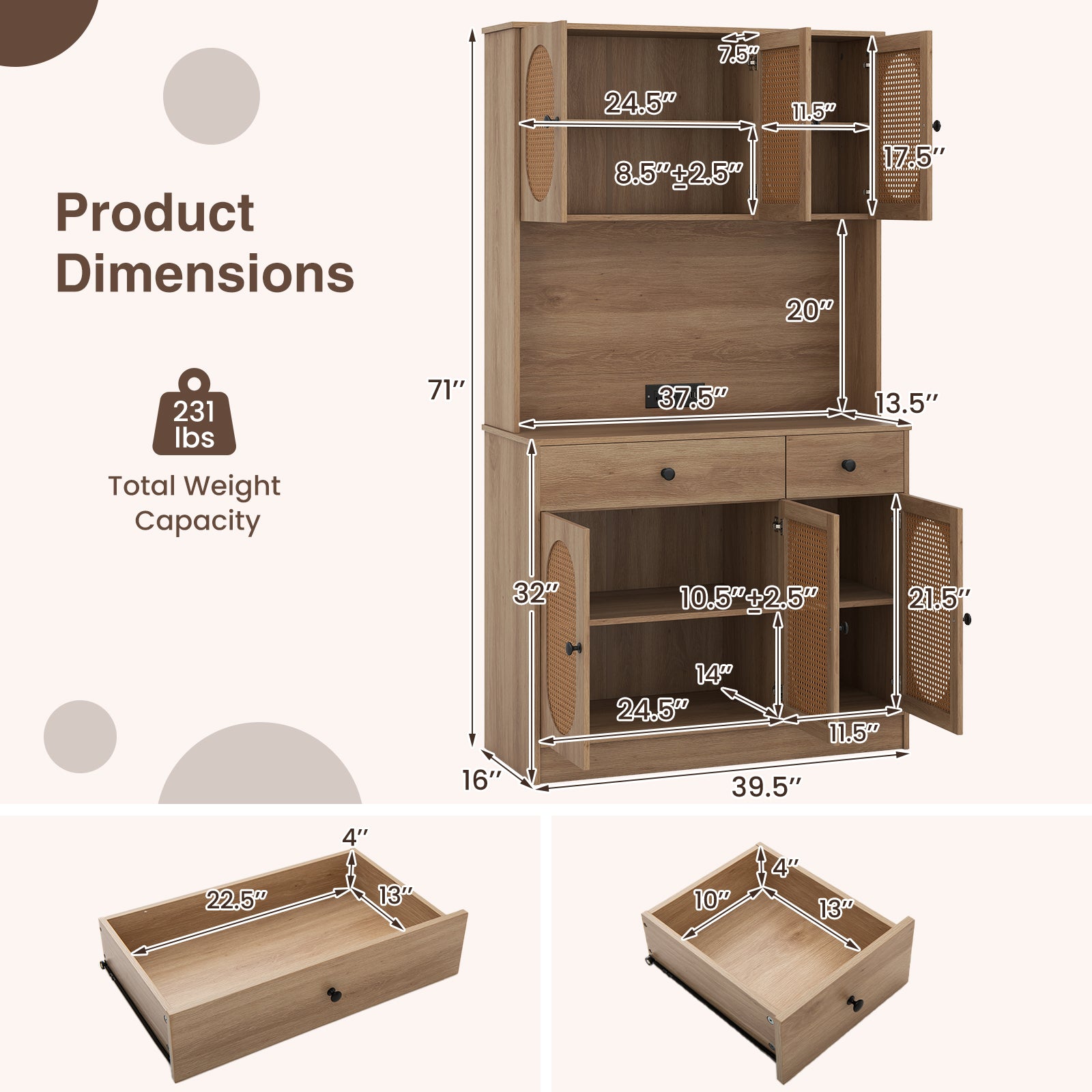 71 Inches Pantry Cabinet with Hutch and Charging Station-Natural